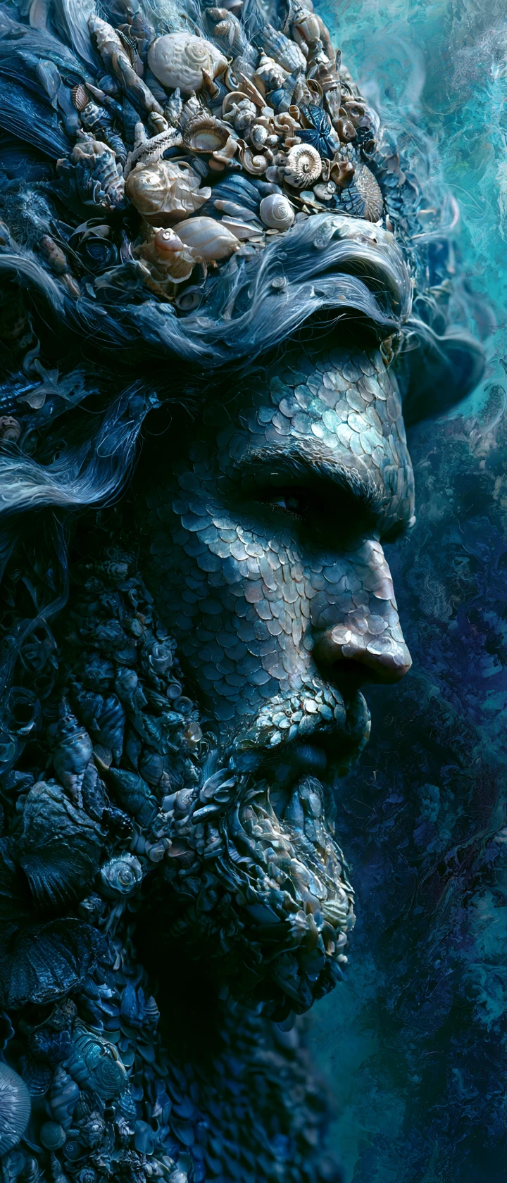 Surreal Portrait Of A Seashell Mermaid King In Aquatic Colors