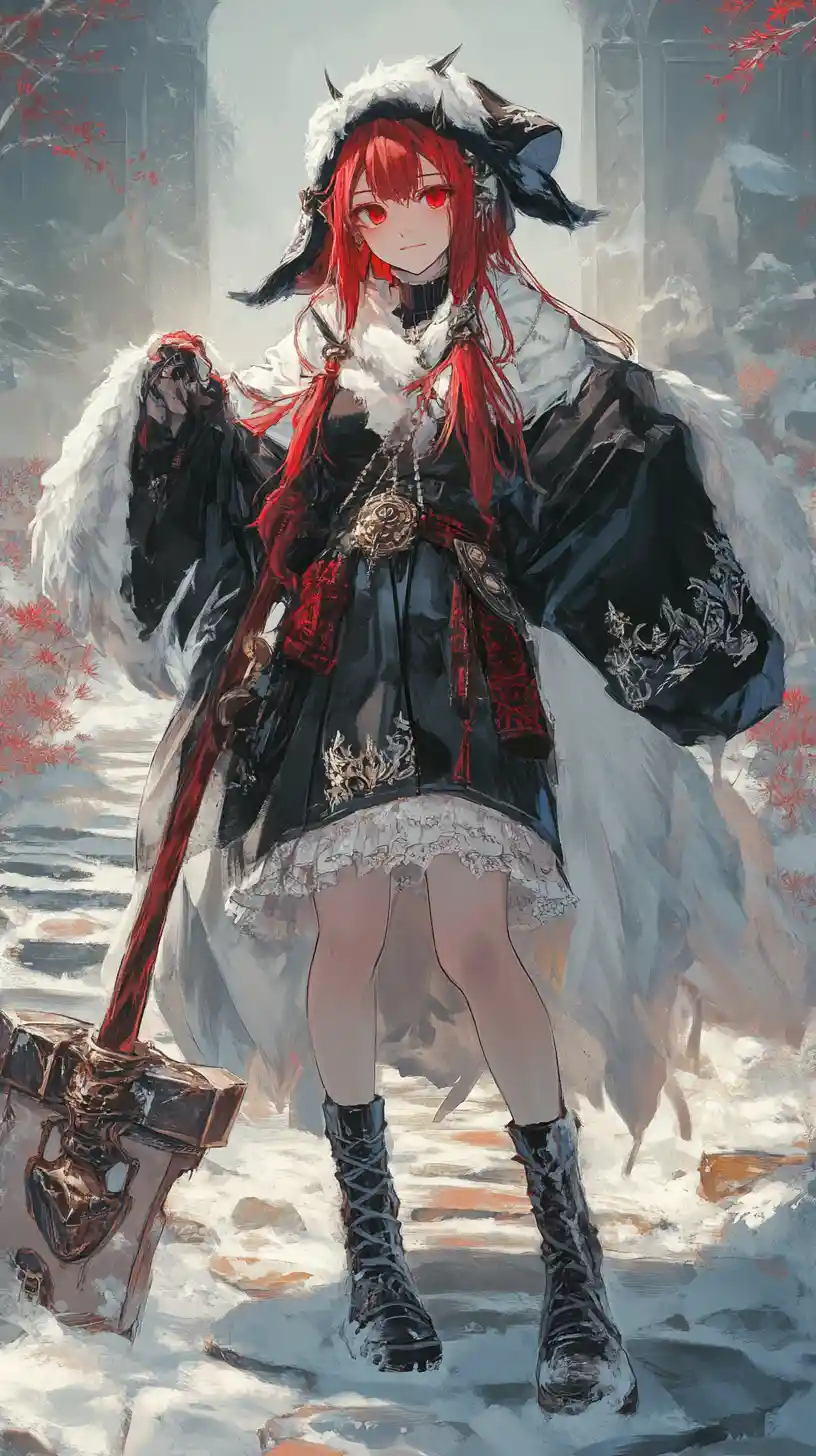 Red haired battle girl with hammer in crystal palace