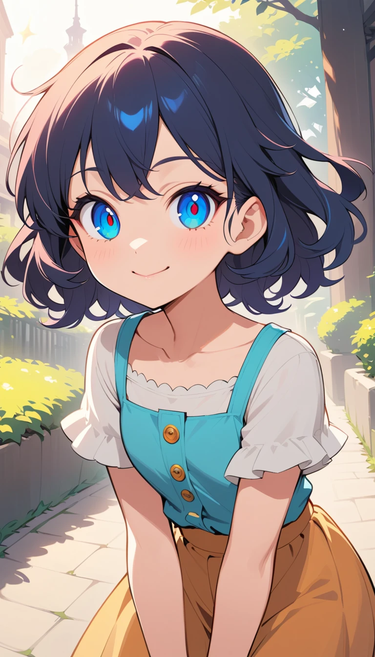 Garota de anime brincalhona com olhos azuis brilhantes e sorriso maroto
