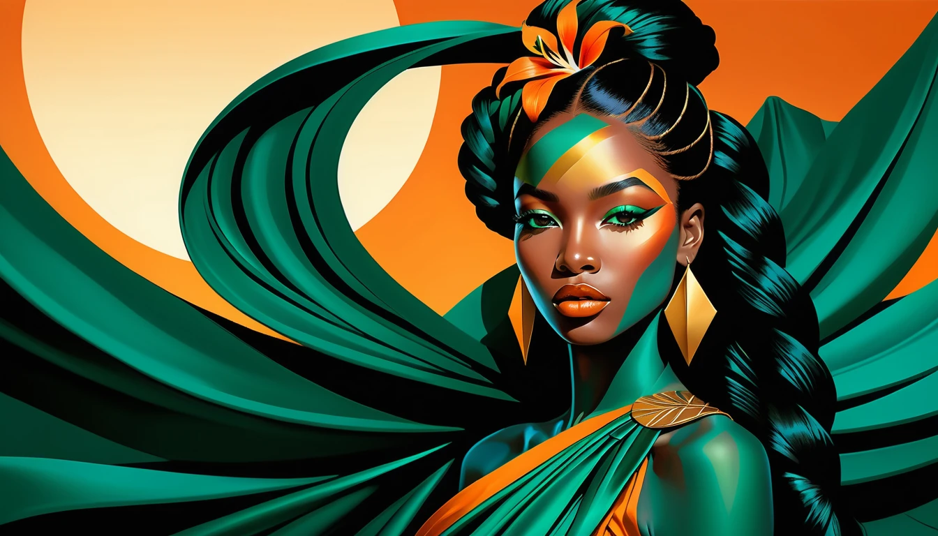 Mujer afroamericana en seda esmeralda con alas florales