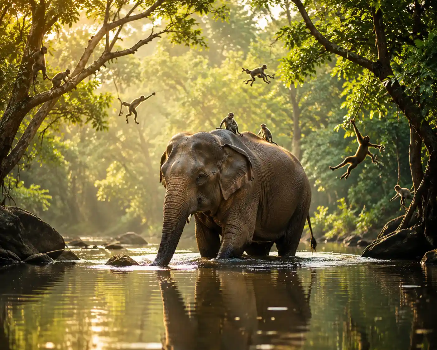 Elefante cruzando un tranquilo río del bosque con monos