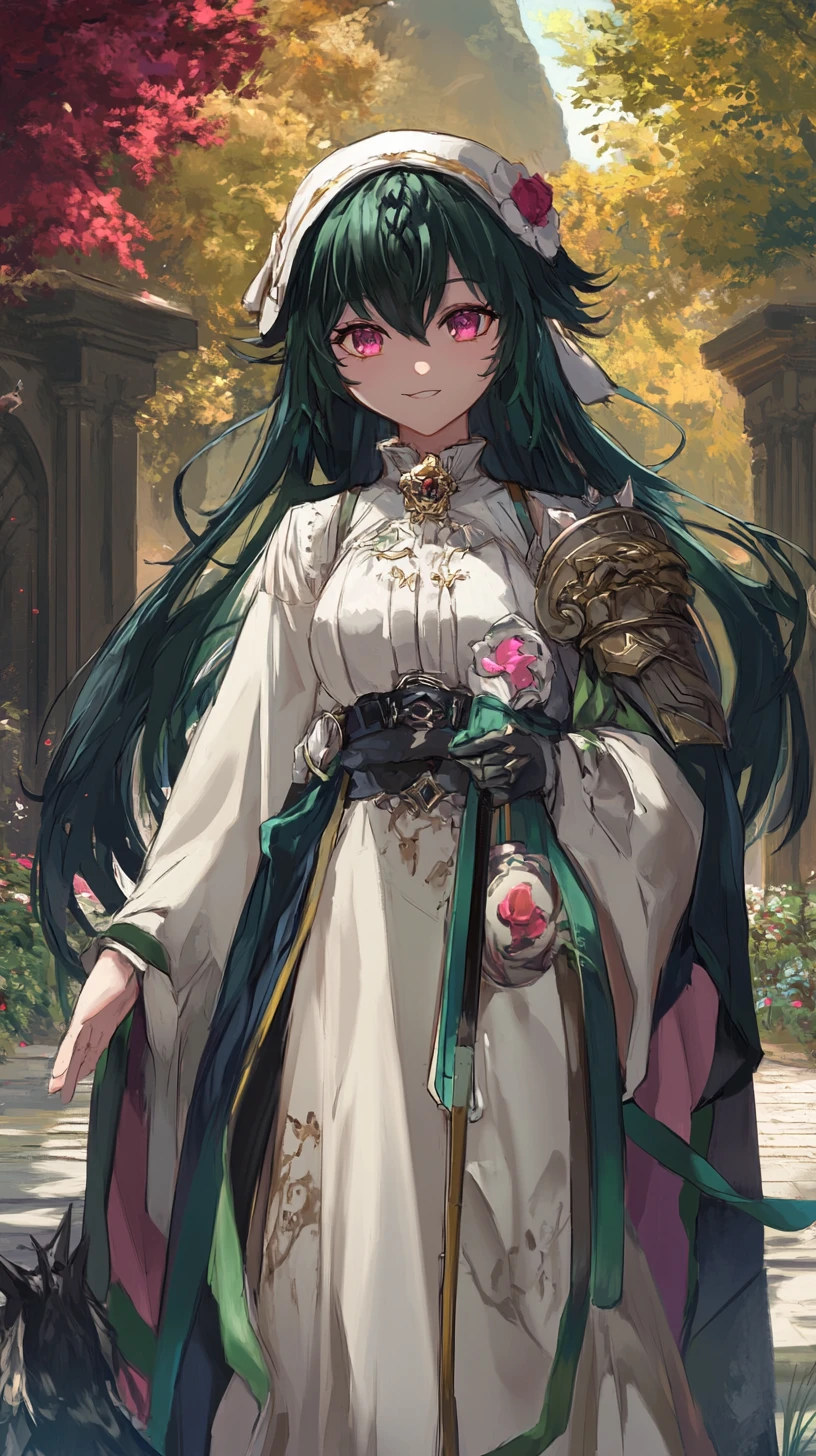 Chica de anime sonriente con cabello verde y atuendo en capas