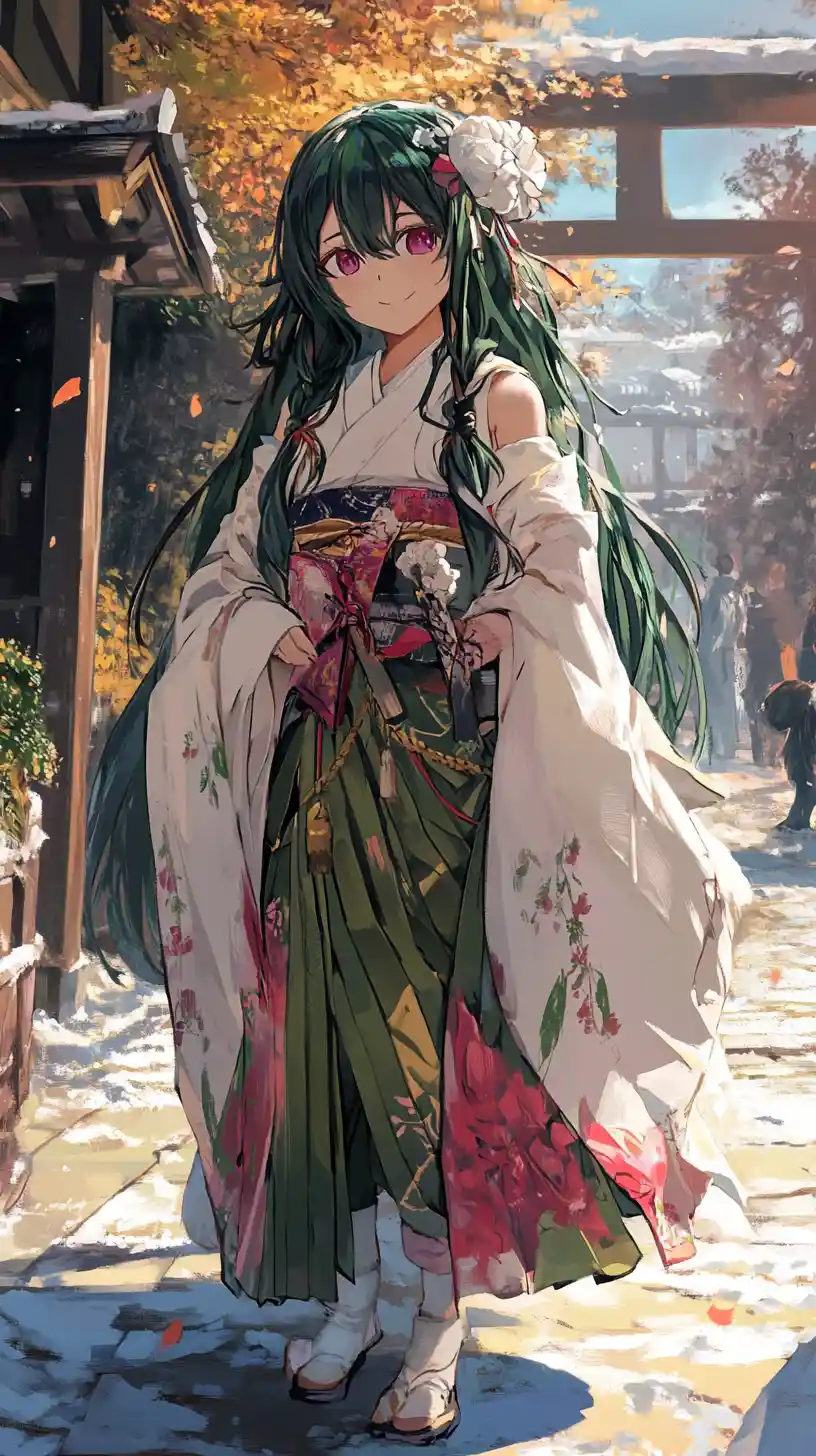 Anime girl in cozy winter outfit with red cape