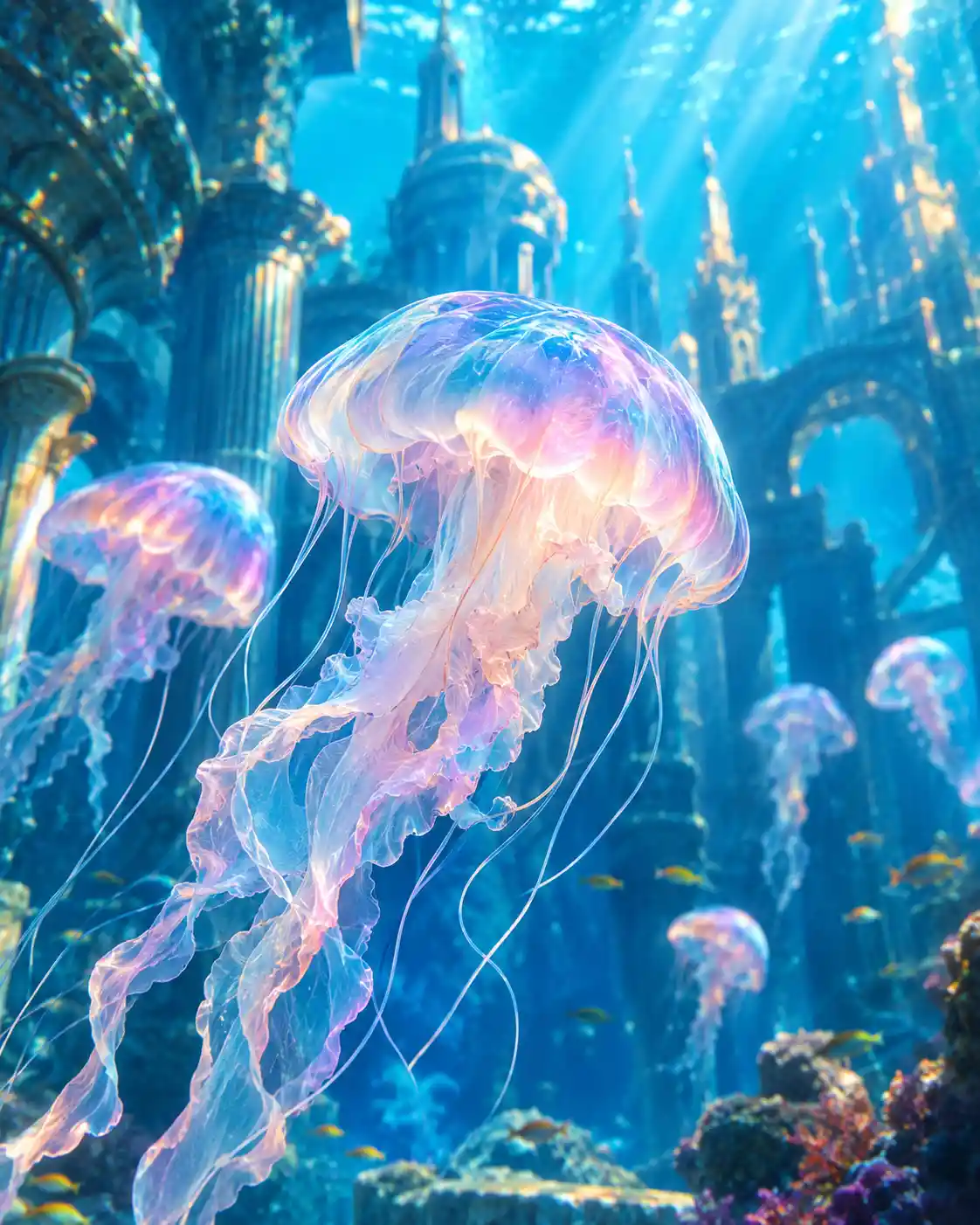 Águas-vivas em tons pastéis flutuando nas ruínas submersas e iluminadas de Atlântida