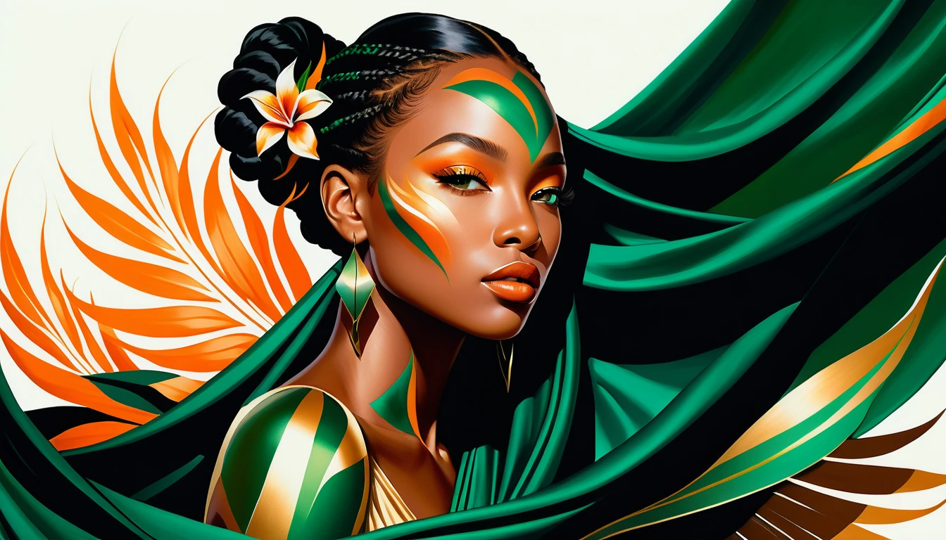 Femme sereine en soie émeraude avec fleurs d’oiseau de paradis