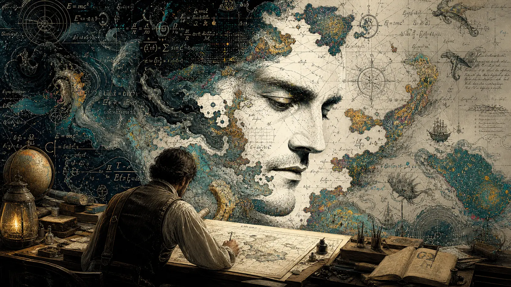 Explorer Charting Vanished Oceans On Surreal Abstract Map