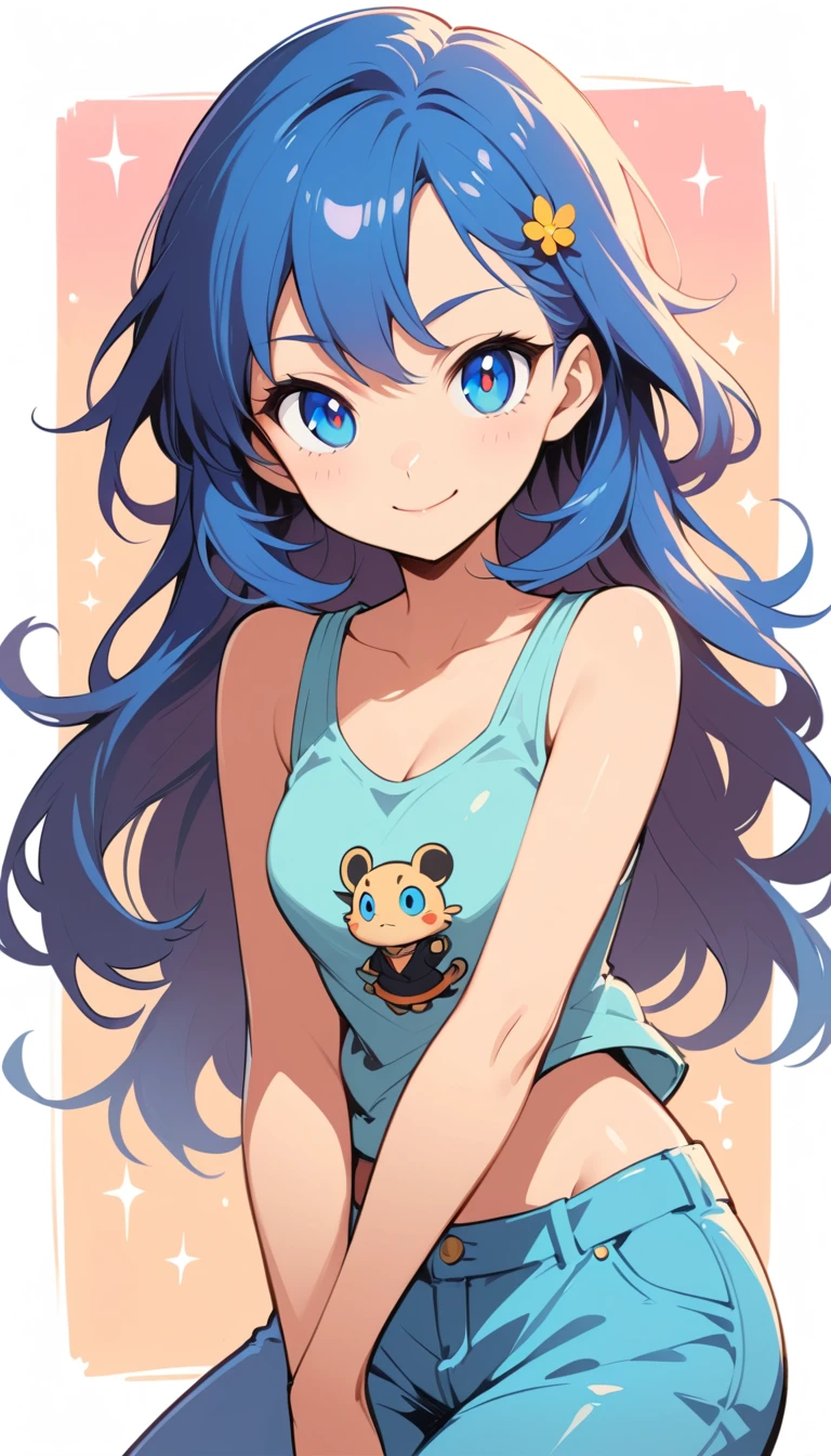 Colegial de anime com olhos azuis brilhantes em roupa casual