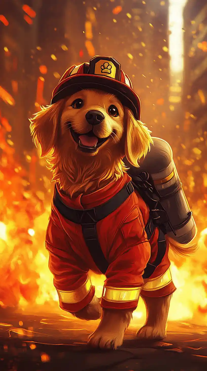Heroischer Cartoon-Feuerwehrhund in einer brennenden Stadtstraße
