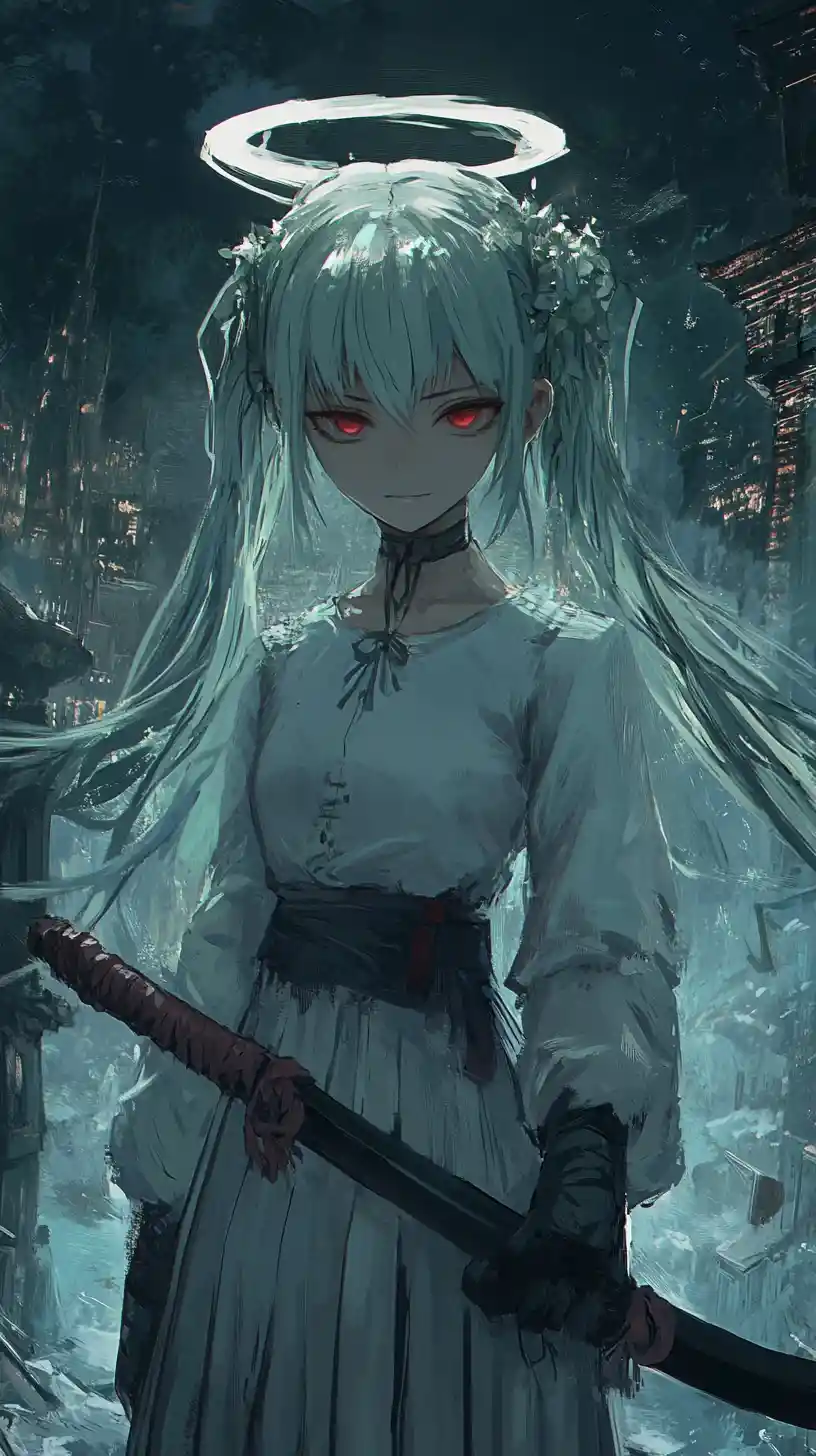 Anime girl with braided white hair in stained outfit