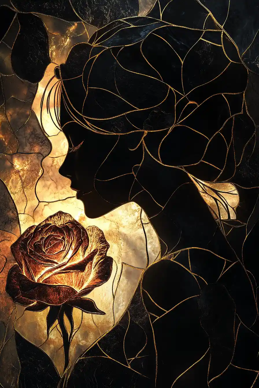 Femme illuminée tenant une rose à plusieurs couches en silhouette ombragée