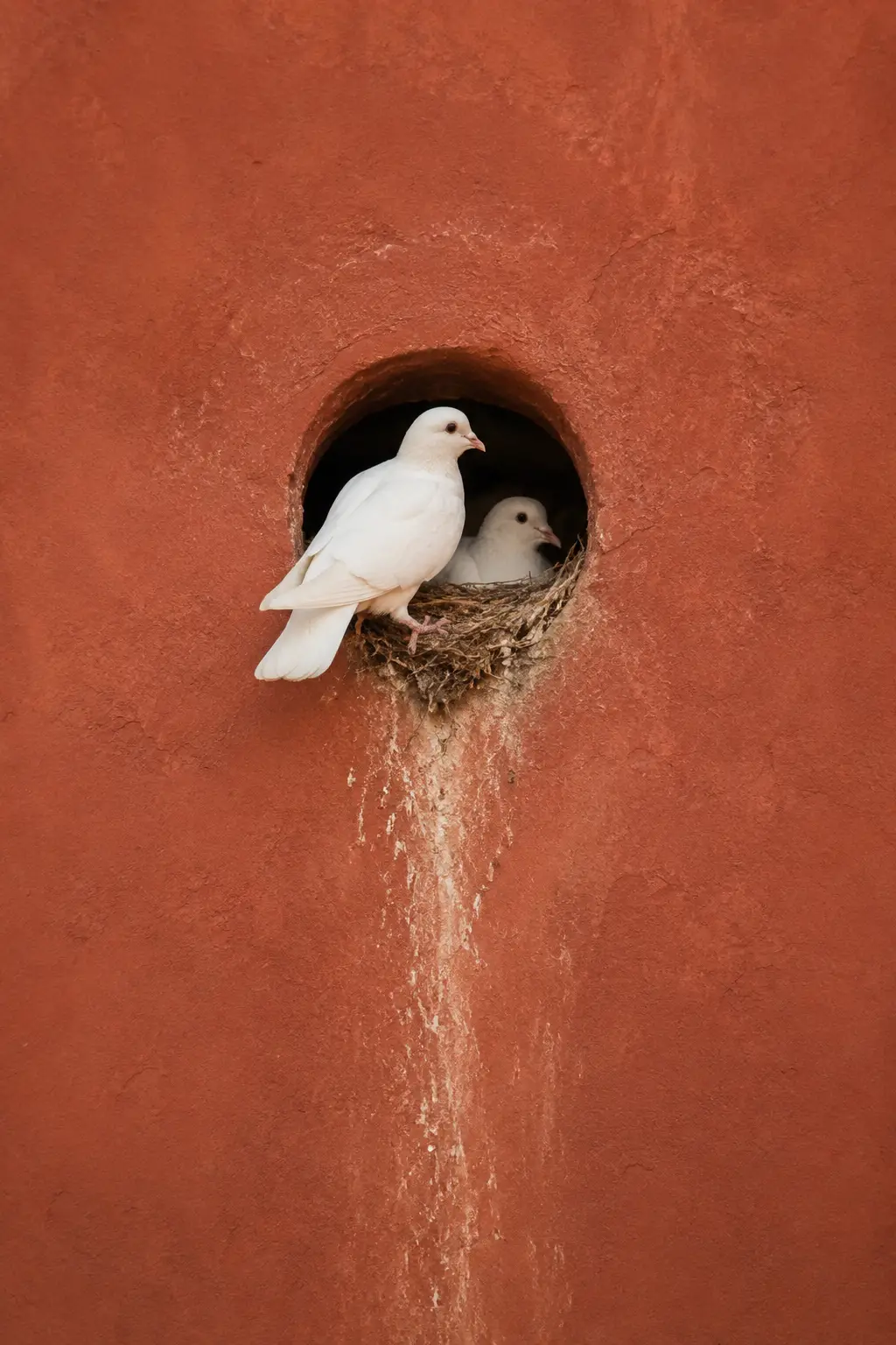 Zwei weiße Tauben ruhen in einem Nest in einer roten Wand