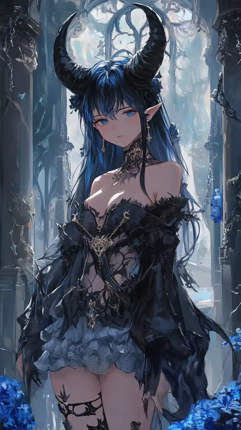 Blue haired anime girl in a horned jacket character design