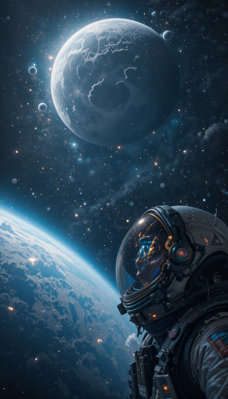 Astronauta solitário flutuando no espaço diante de uma lua imensa