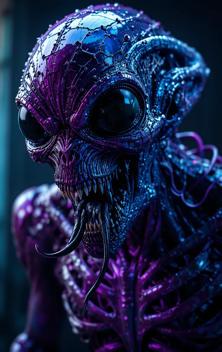 Alien monster with chrome purple skin and fanged maw