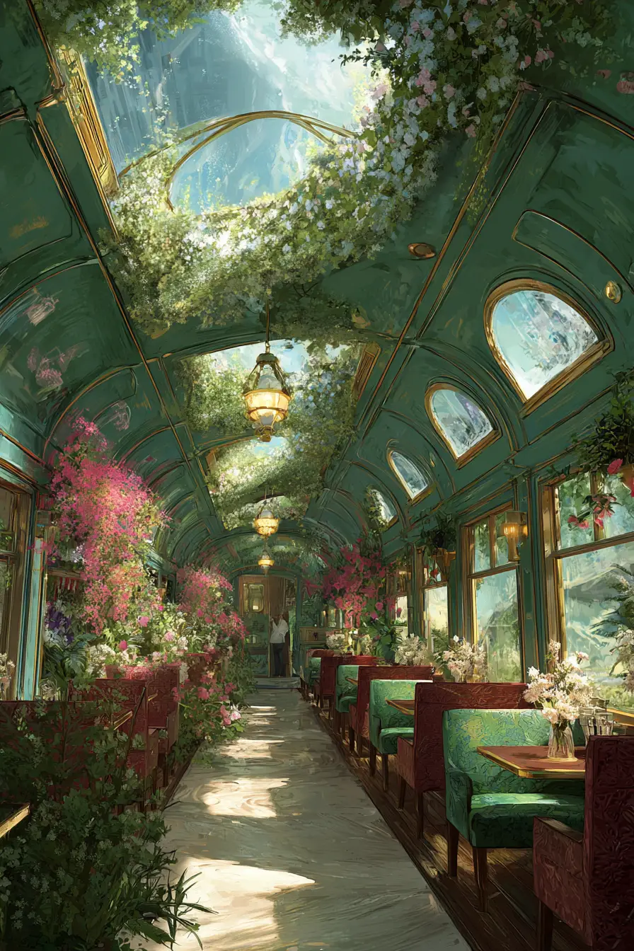 Historic railway cafe surrounded by lush botanical gardens