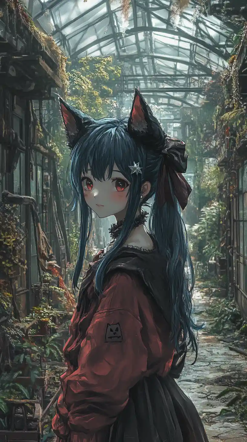 Sentiero in serra in stile anime fiancheggiato da rigogliose piante esotiche
