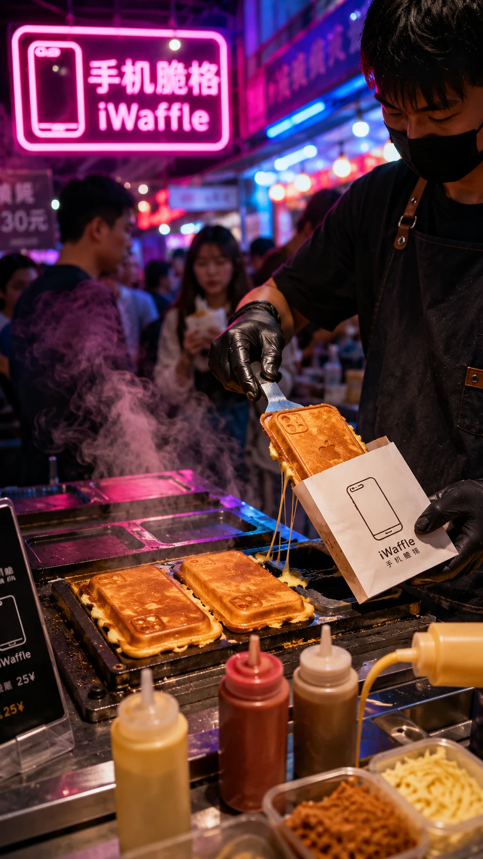 Street food vendor making waffles in neon night market