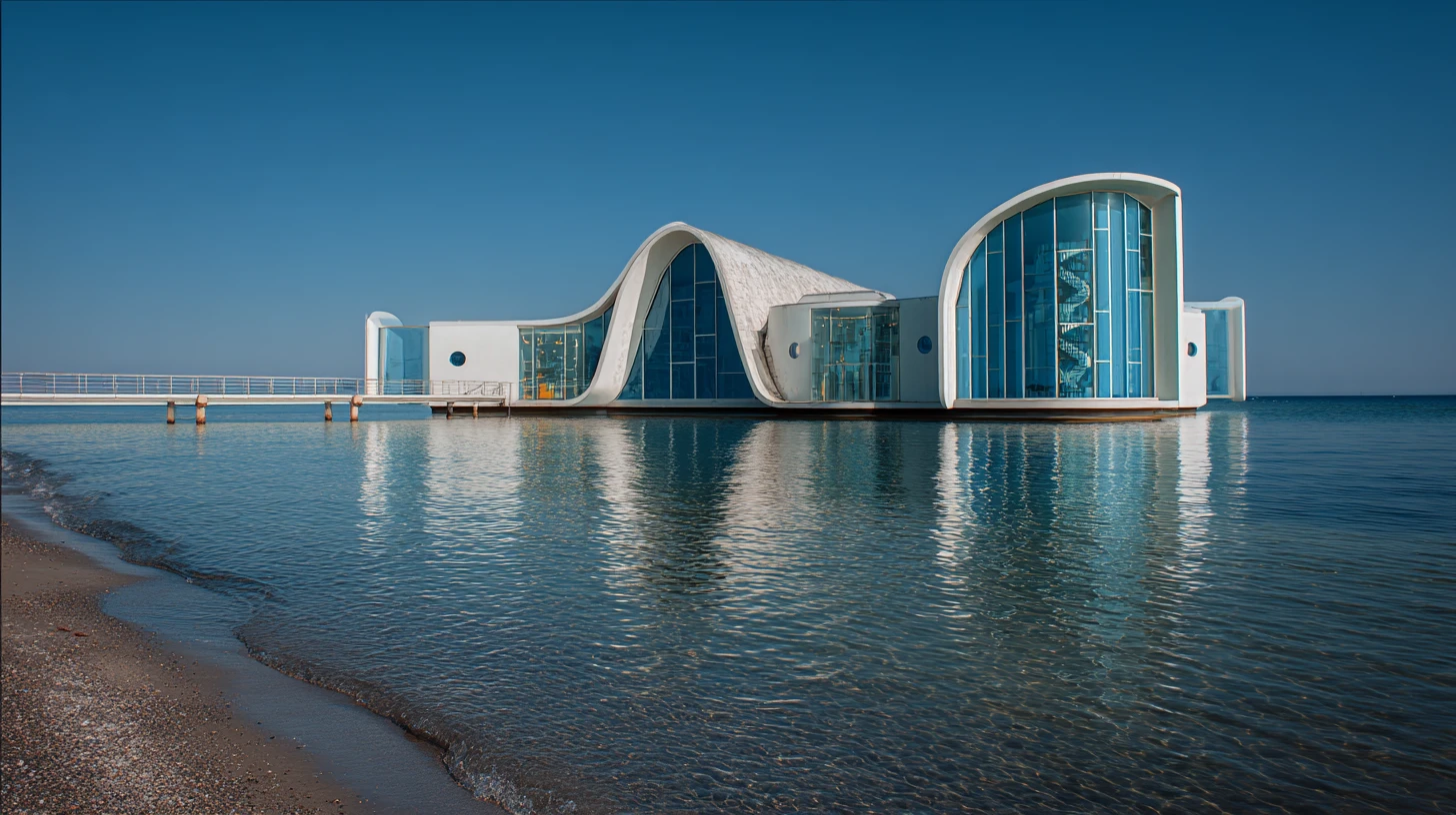 Biblioteca futuristica surreale che si innalza dall’Atlantide sommersa
