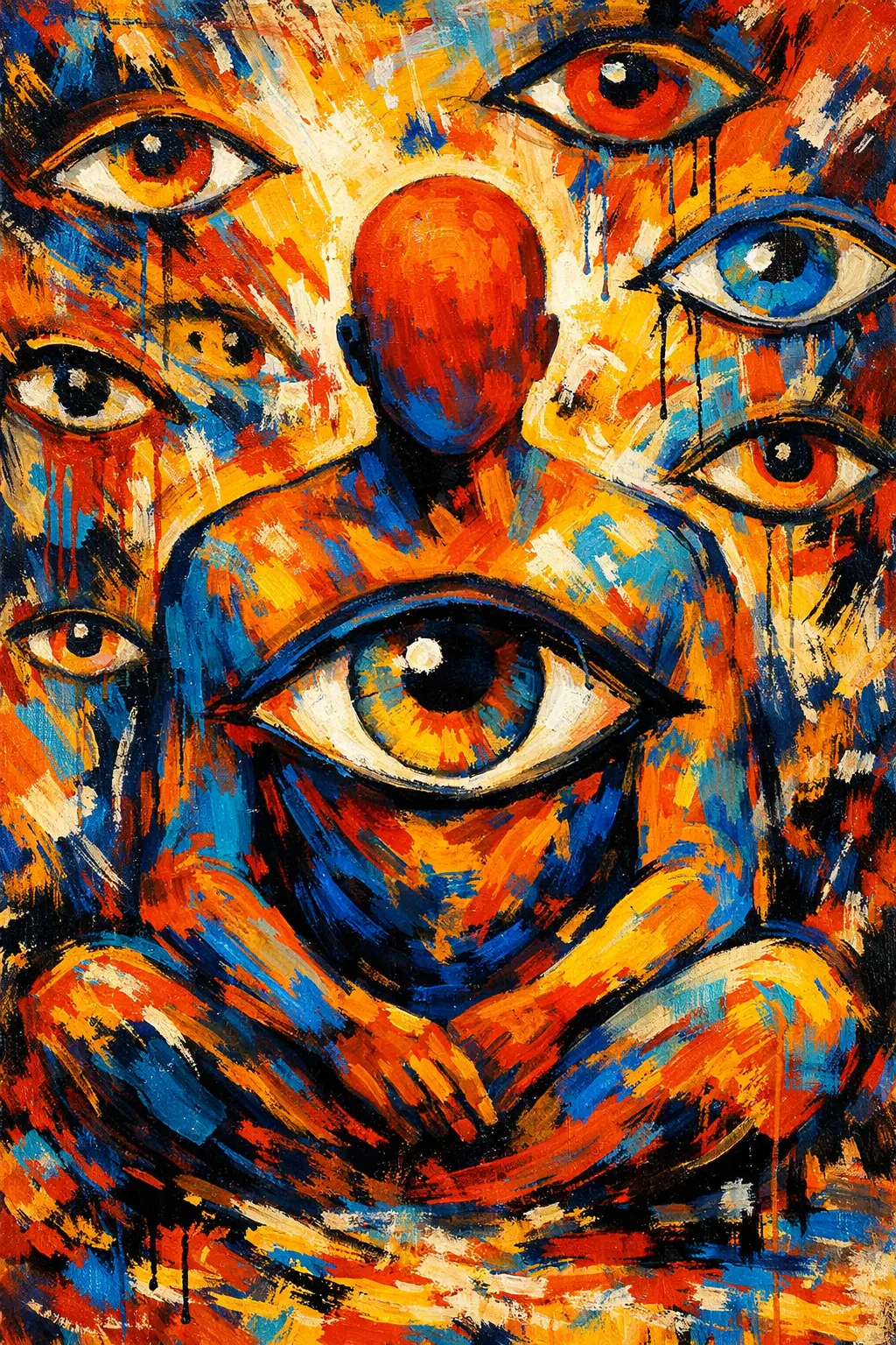 Abstract figure with chest eye in vivid swirling colors