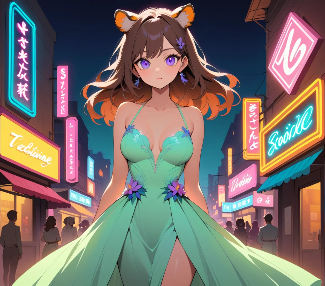 パステルの花柄ドレスを纏った虎耳の優雅な幻想女性