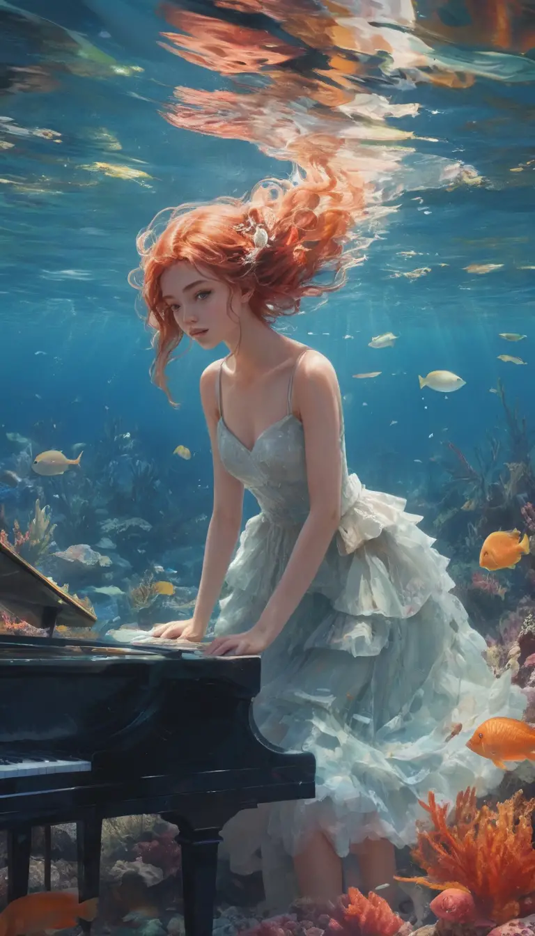 Fille d’anime jouant du piano dans un récif corallien lumineux