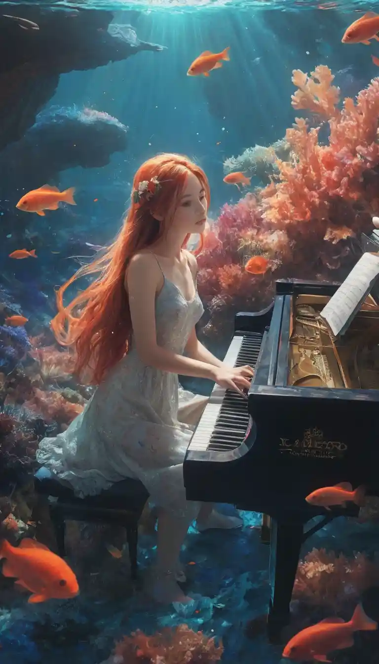 Fille d’anime jouant du piano dans un récif de corail de rêve