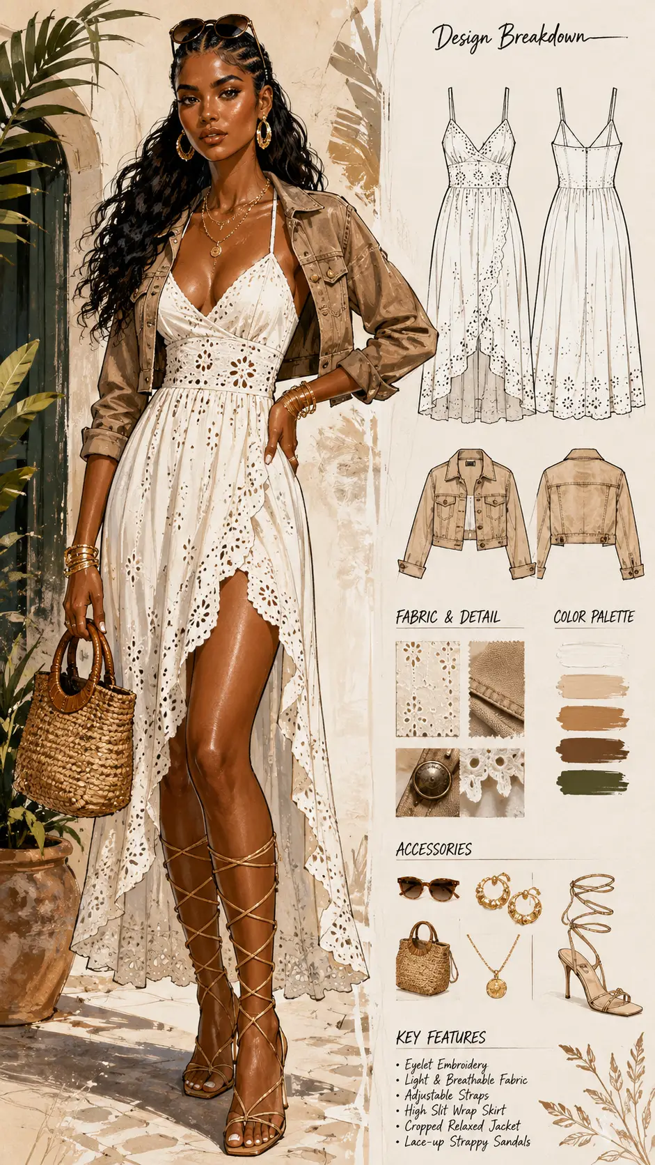 Illustration de mode d’une femme confiante en robe d’été et veste