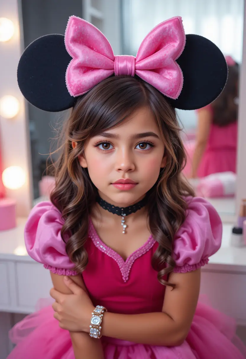 Jeune garçon en costume de princesse posant près de la coiffeuse de la chambre