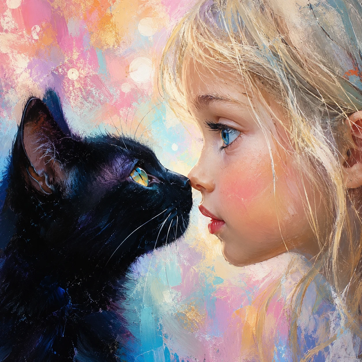 Garota loira encostando o nariz em um gato preto de perfil