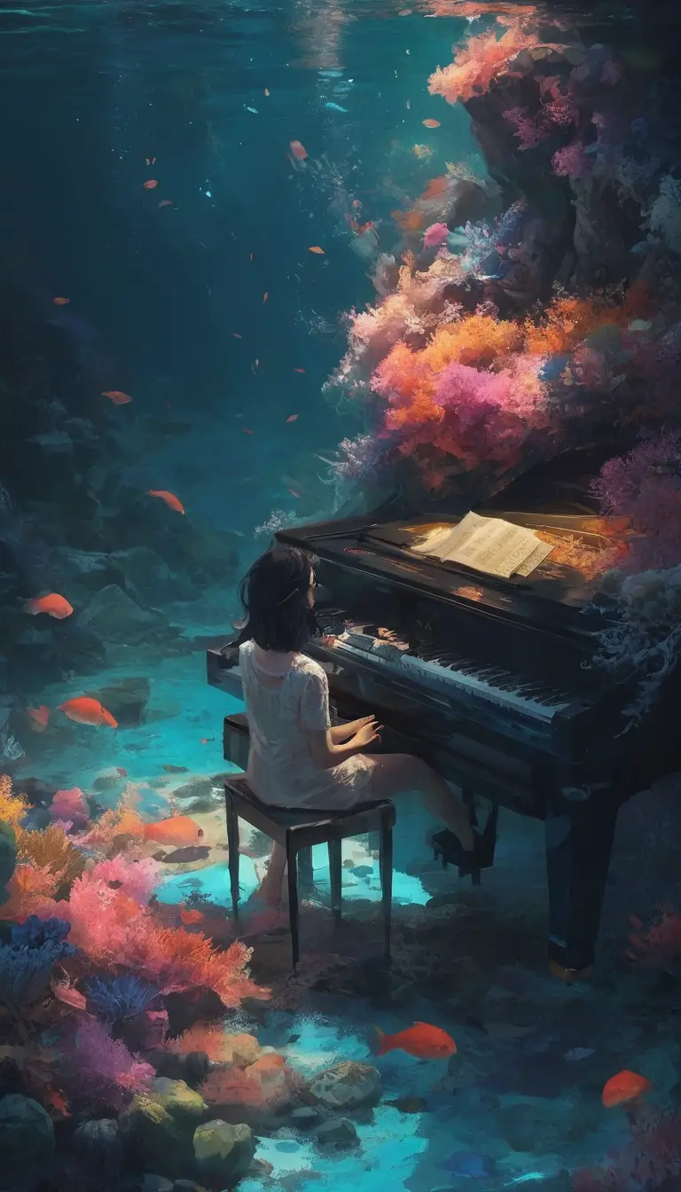 Performance de piano em estilo anime em um recife de corais vibrante