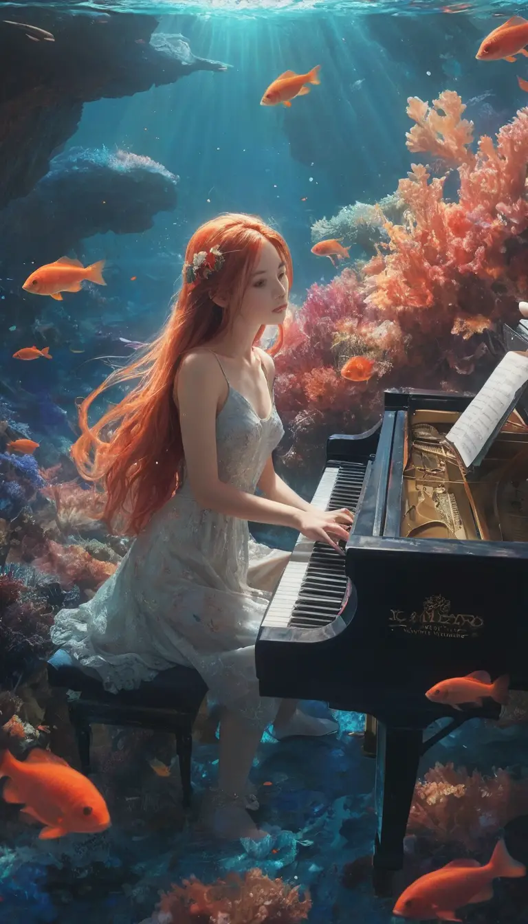 Fille d’anime jouant du piano dans un récif de corail de rêve
