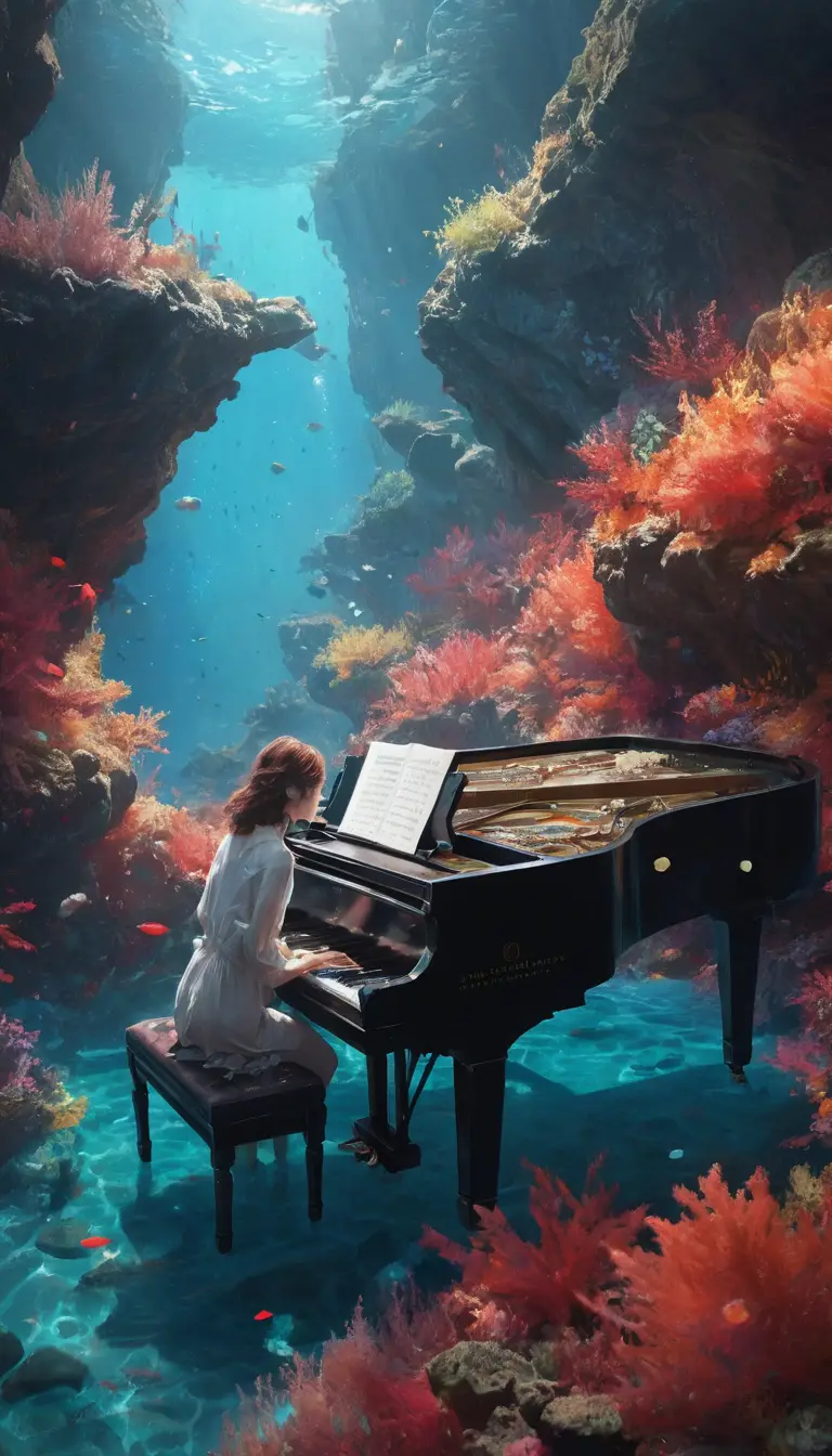 Femme anime jouant du piano dans un récif corallien vibrant