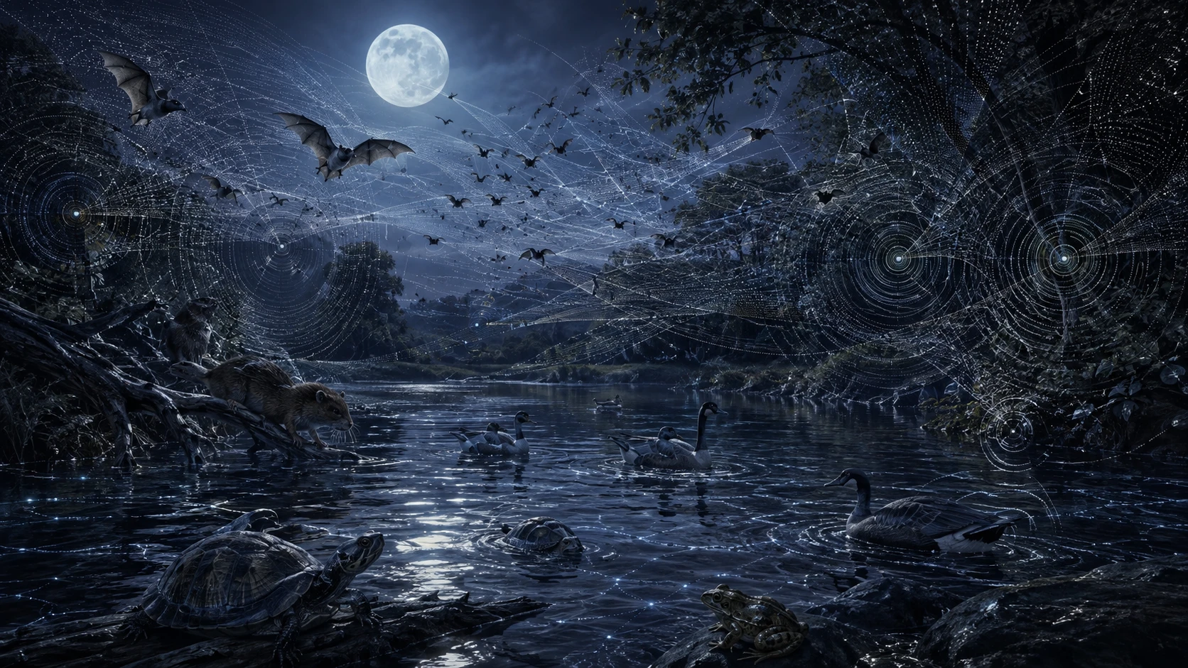 Pipistrelli al chiaro di luna che vorticano sopra un tranquillo fiume al crepuscolo