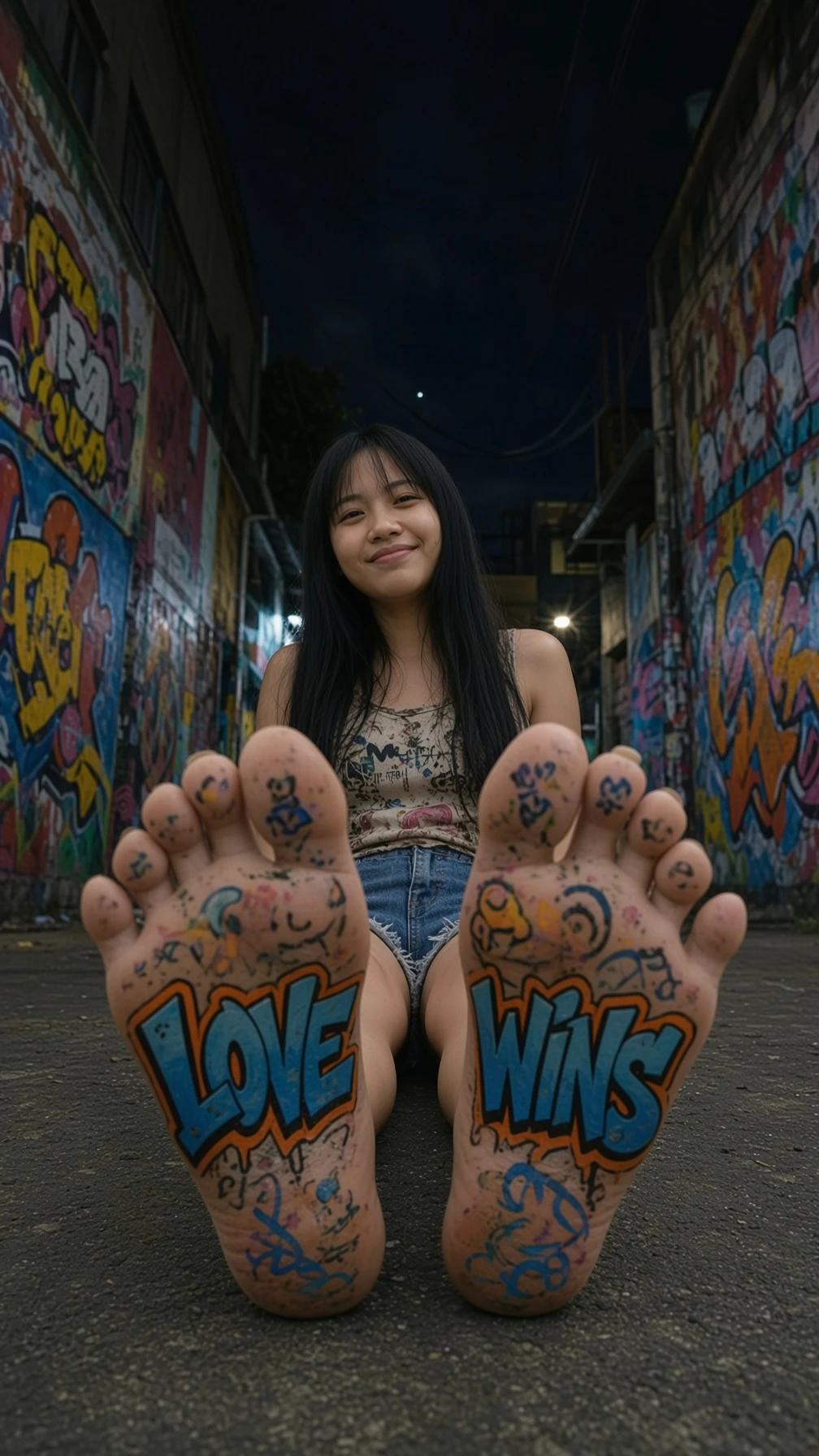 Asian woman sitting in graffiti covered alley at night