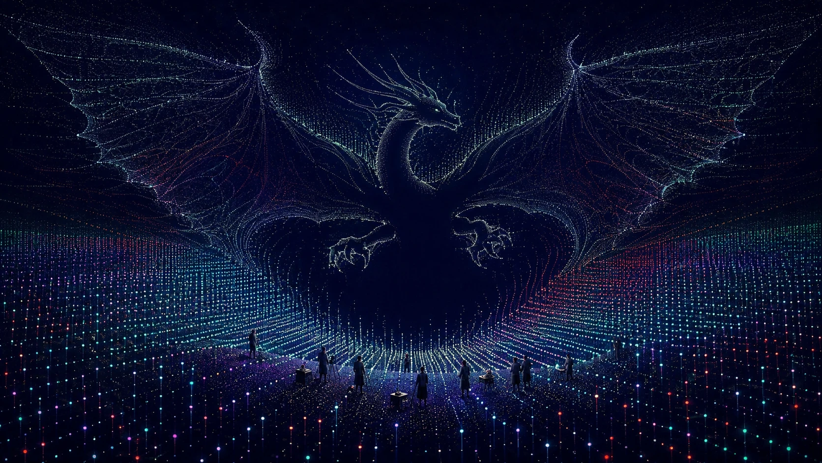 Surreal data creature formed from a vast missing pattern