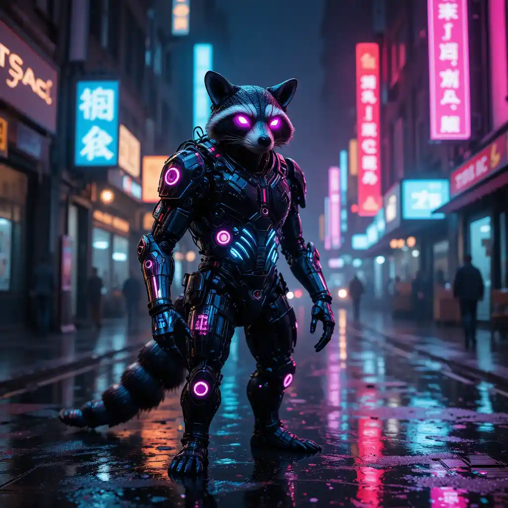 Cybernetic raccoon robot on neon soaked night street