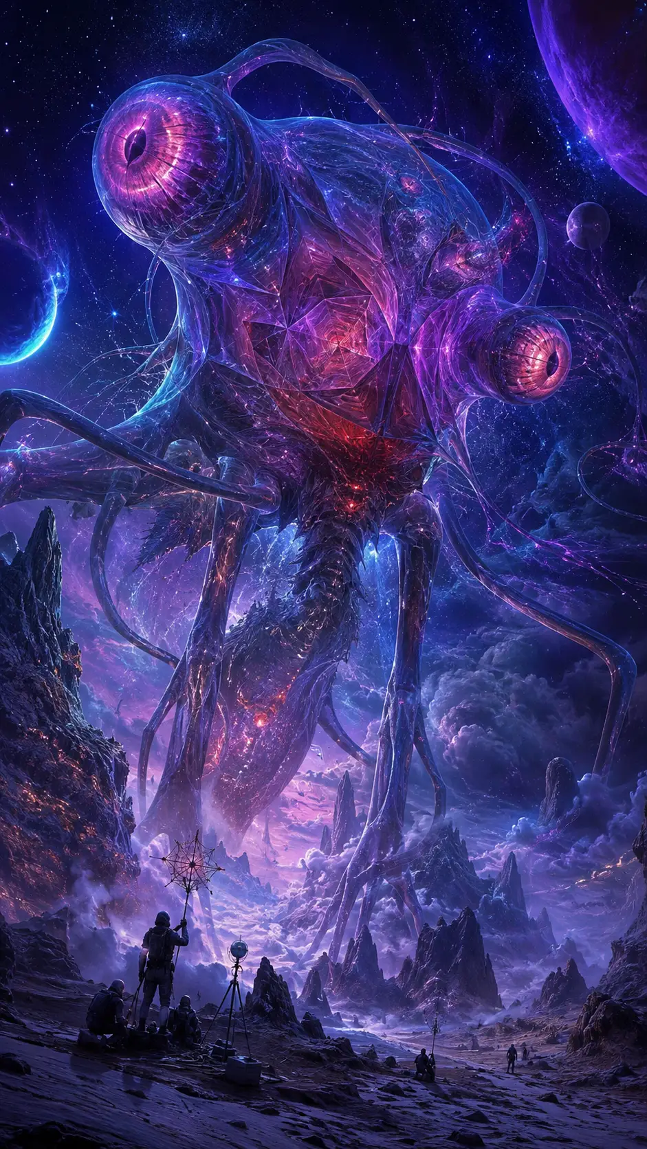 Colossal Surreal Creature Crossing A Warped Cosmic Landscape