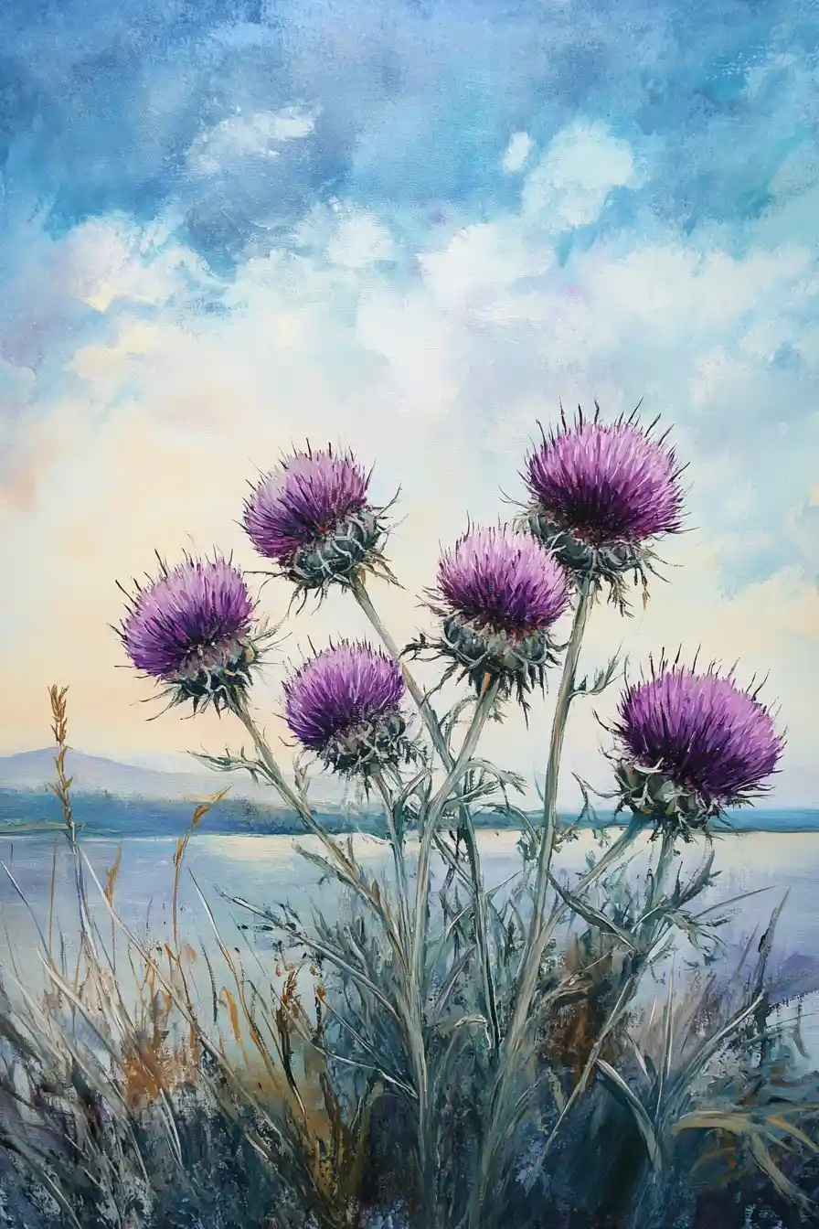 Purple thistle flowers under a blue evening sky