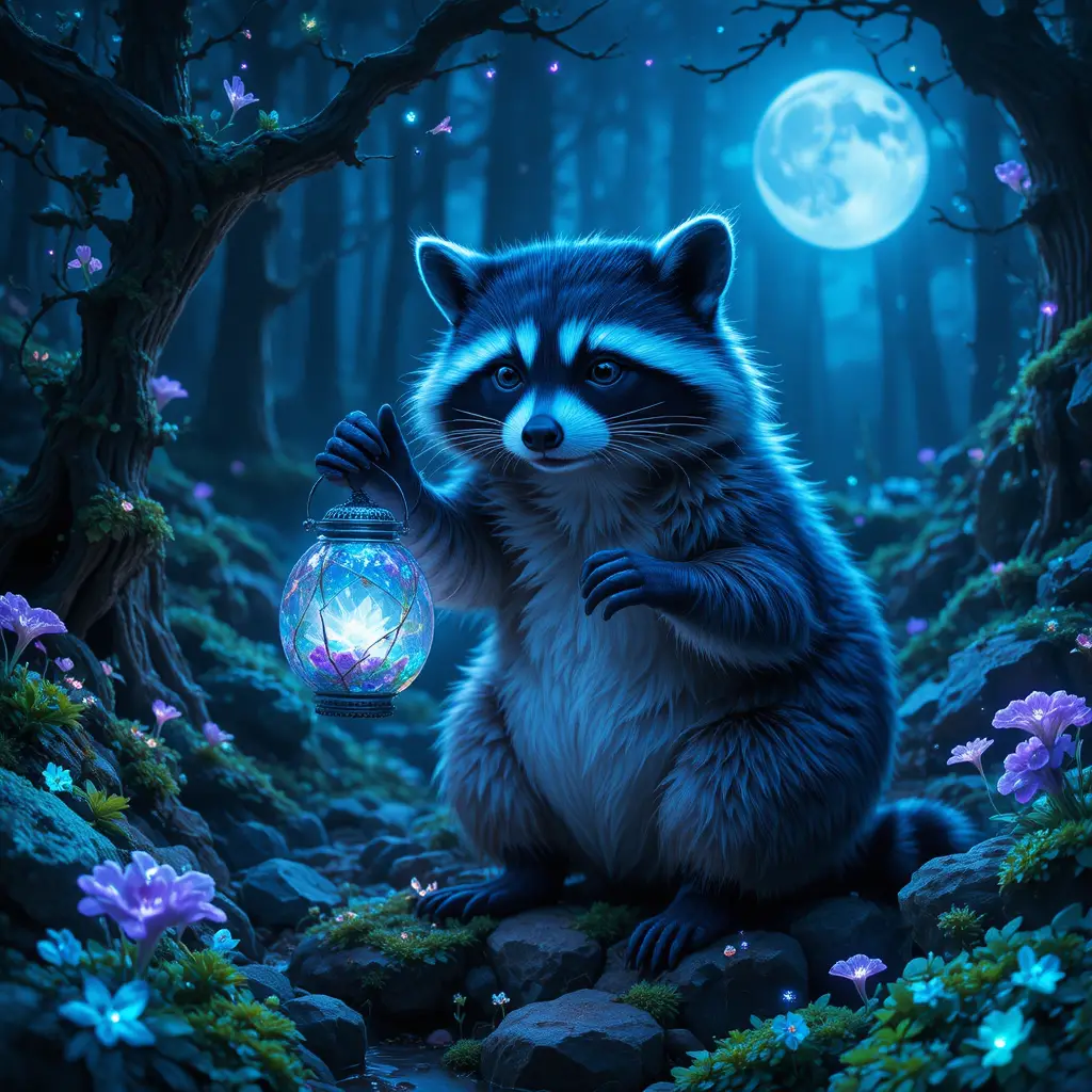 Bioluminescent raccoon with crystal lantern in mystical forest