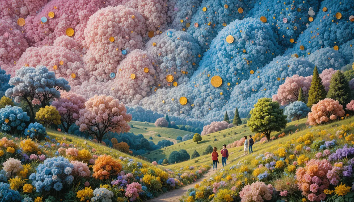 Paisagem em miniatura impressionista com texturas macias de pelúcia