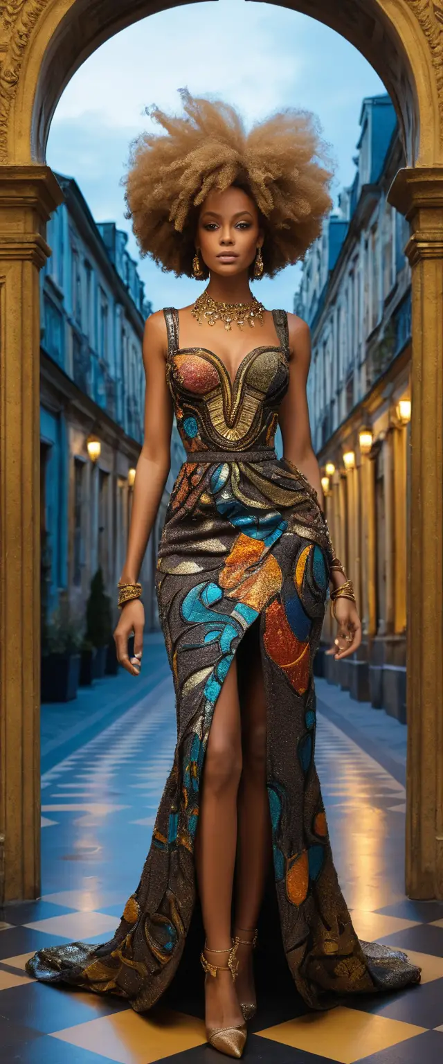 Neon lit cyberpunk woman in golden stylized silhouette
