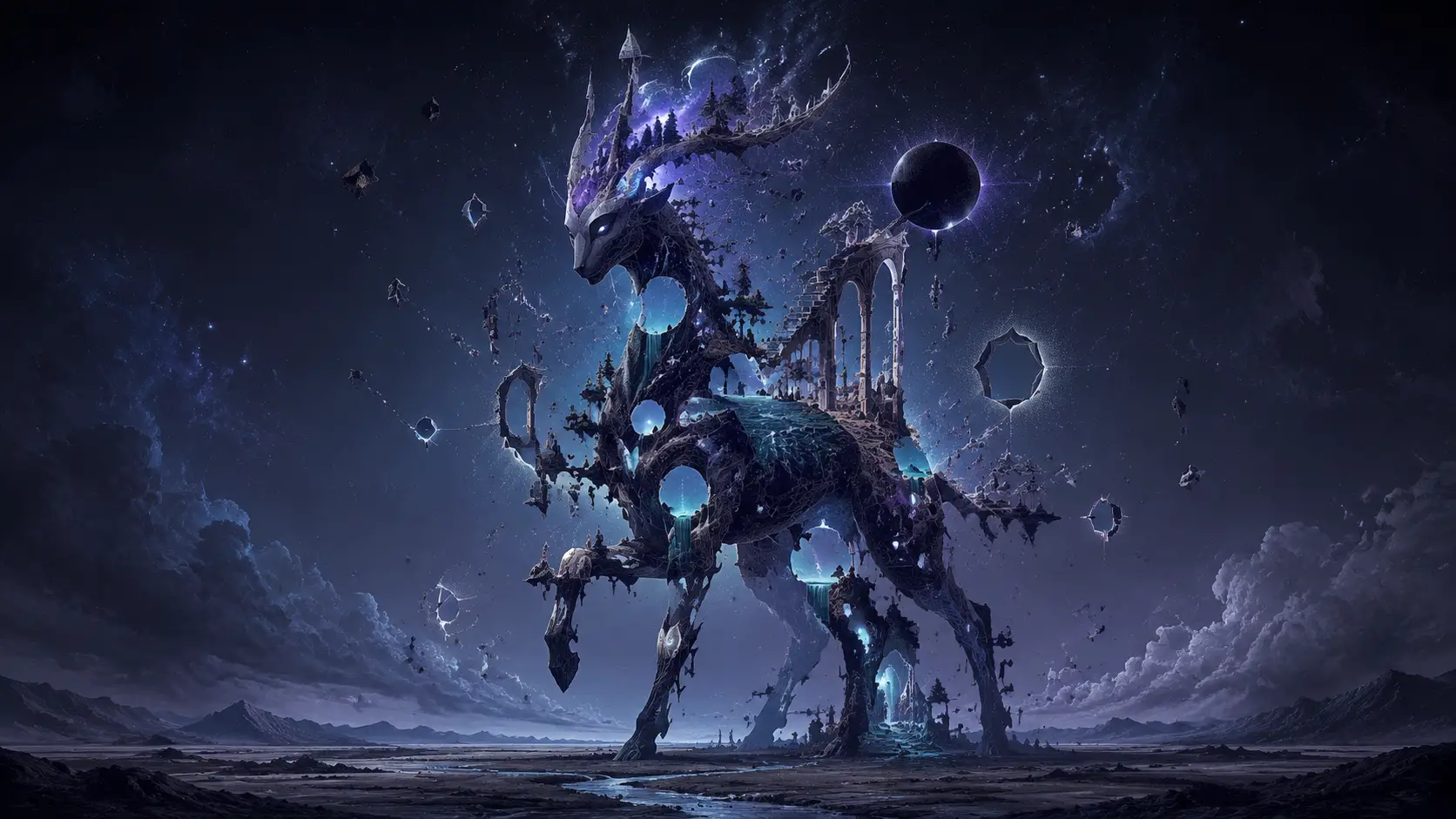 Surreal fantasy creature in a vast empty dream landscape