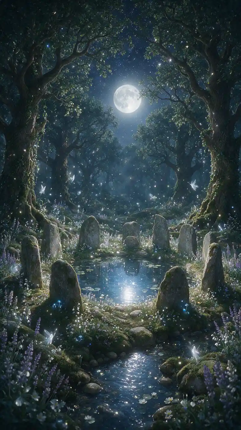Enchanted Moonlit Glade With Stone Circle And Reflective Pool