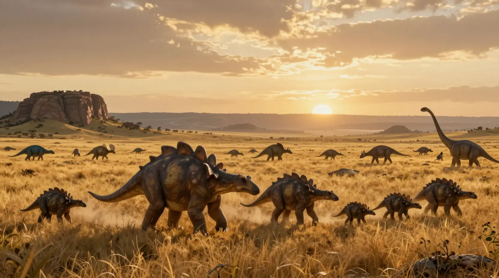 Stegosaurus-Familie überquert eine goldene prähistorische Graslandschaft