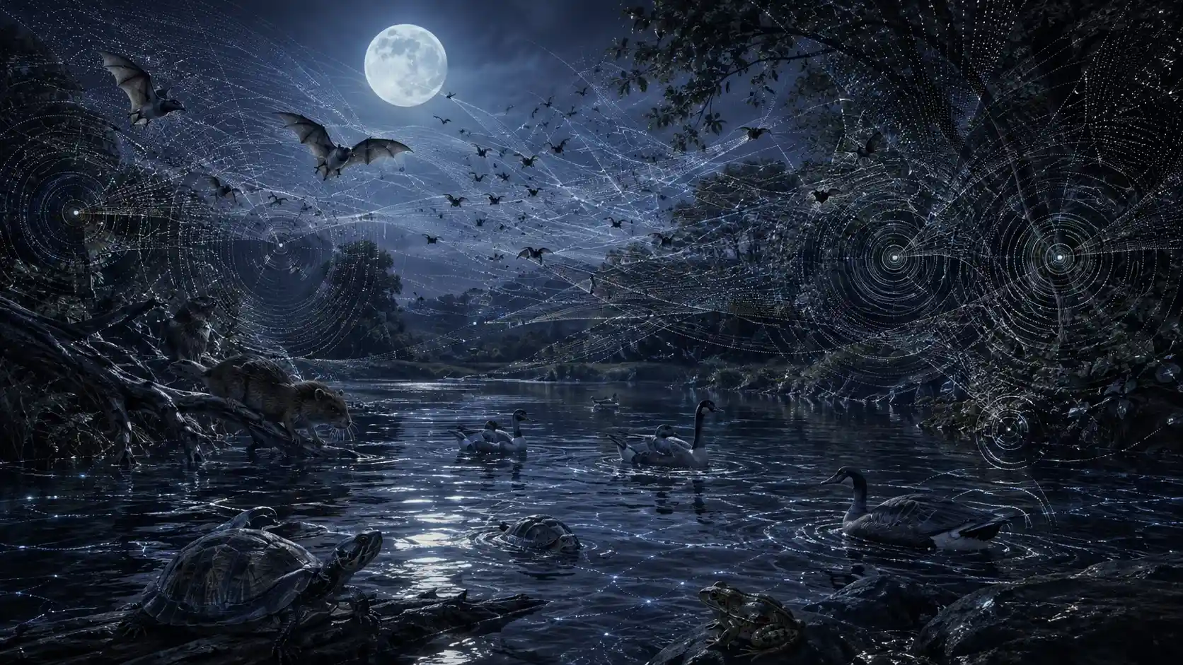 Moonlit bats swirling above a quiet twilight river