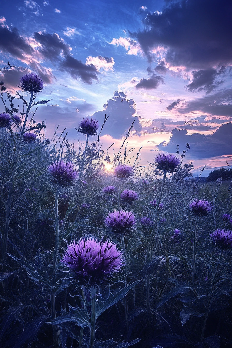 Flores de cardo moradas bajo un cielo azul al atardecer