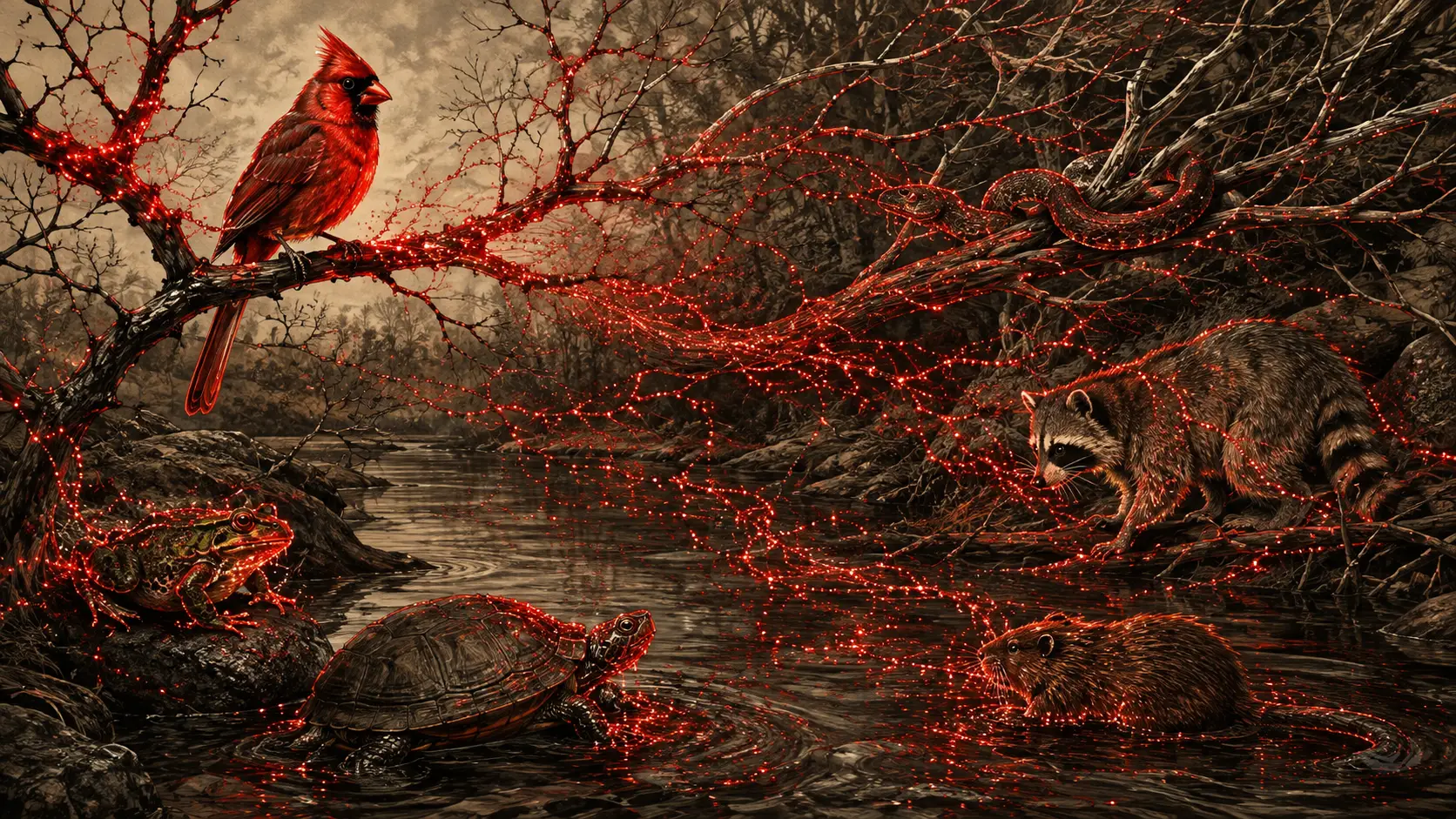 Red cardinal on river branch in surreal glowing forest
