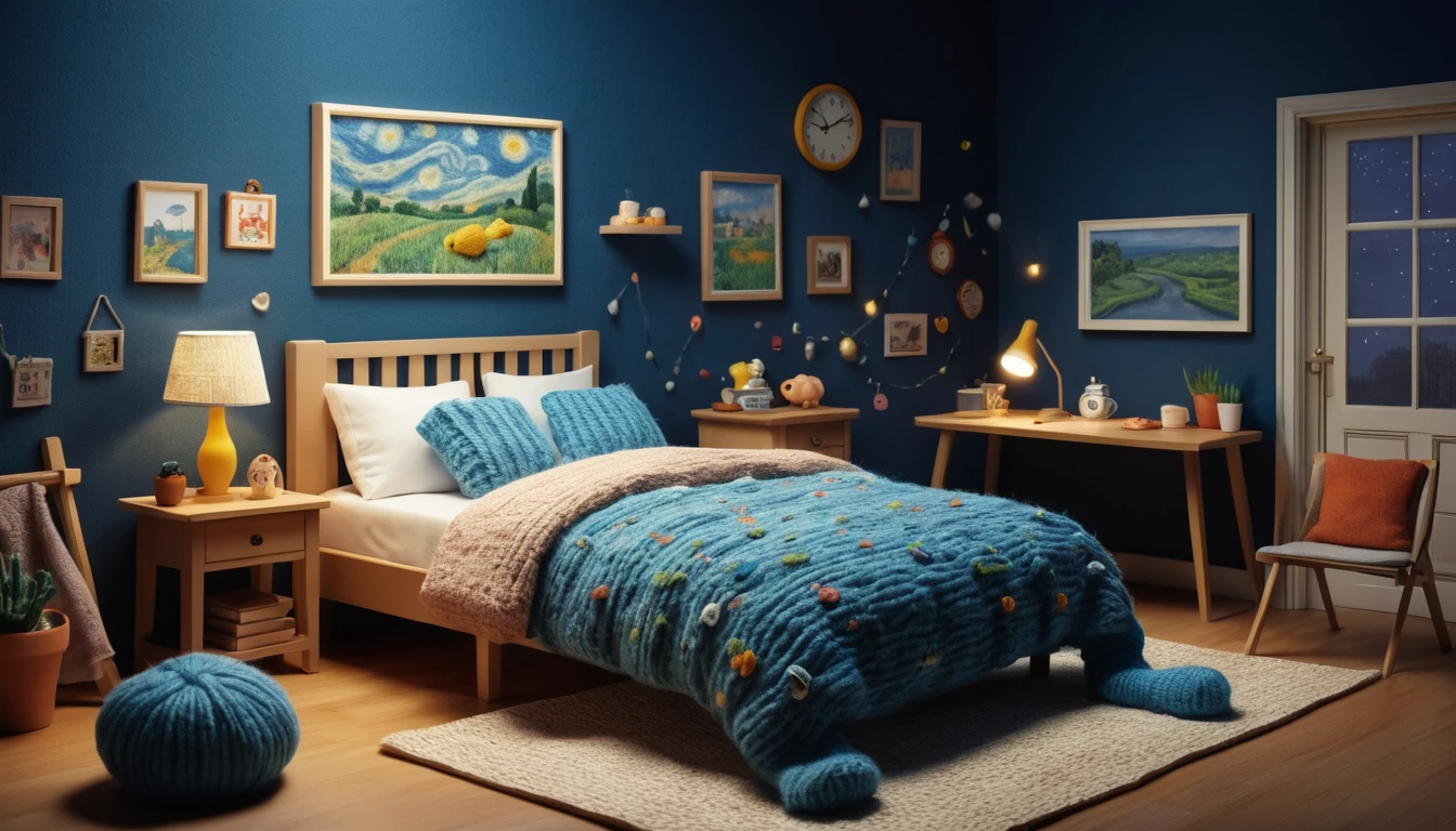 Ilustración digital infantil de una niña asustada en la cama