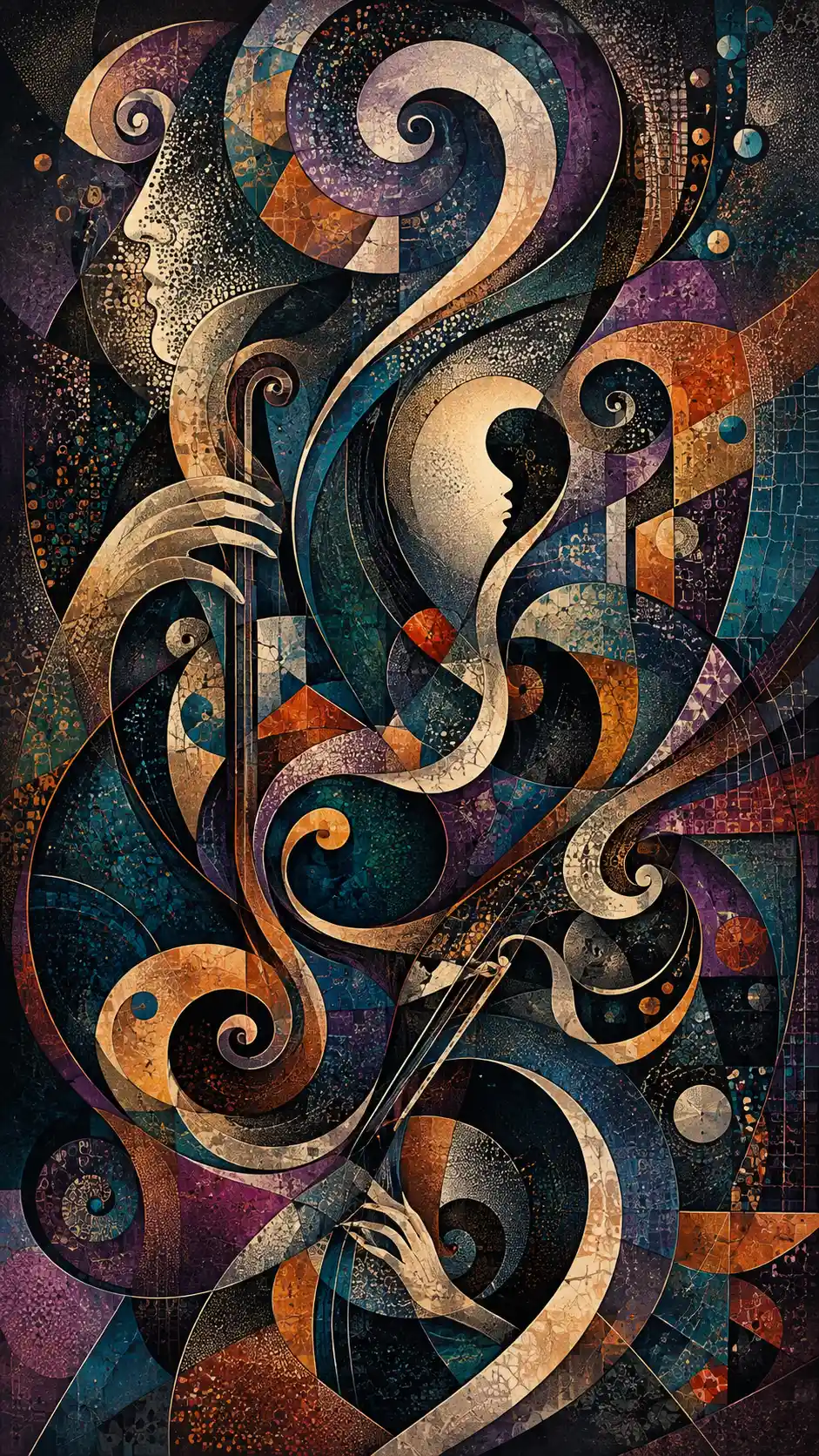 Surreal abstract orchestra of spirals ribbons and hidden faces