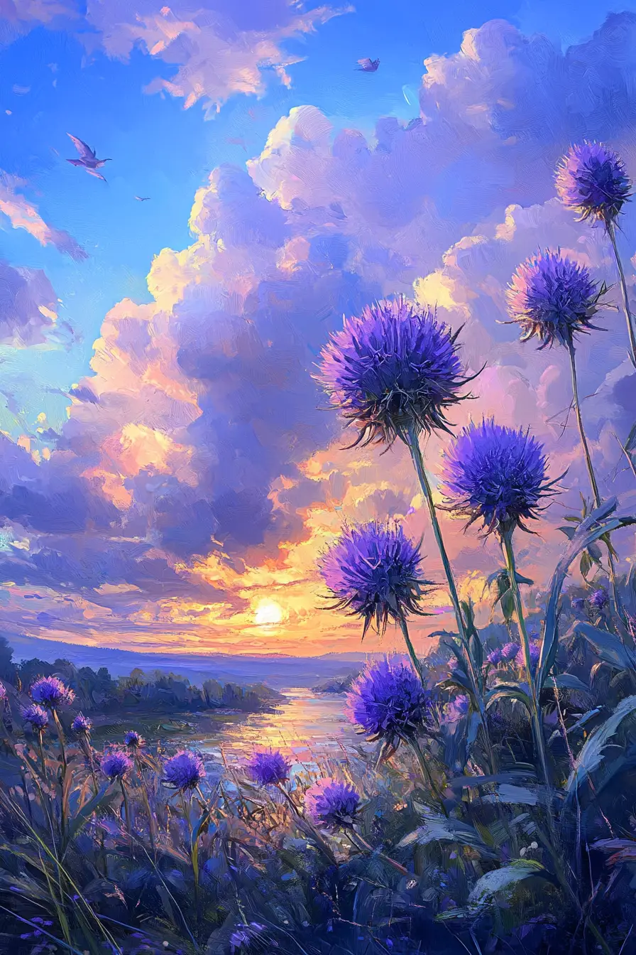 Lila Distelblüten unter einem ruhigen blauen Abendhimmel